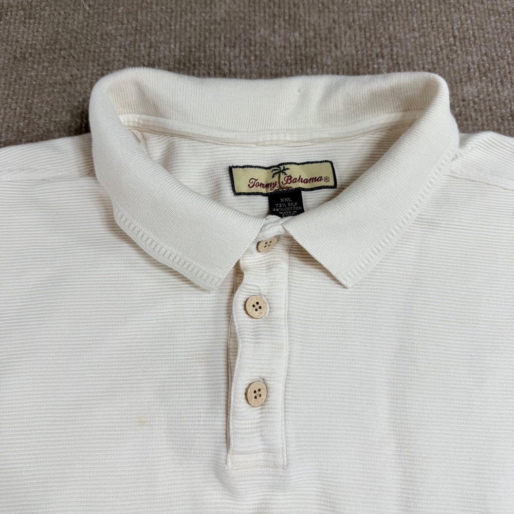 Tommy Bahama Mens XXL Cream Silk Cotton Long Sleeve Polo Shirt‎ Ribbed 54-T20344